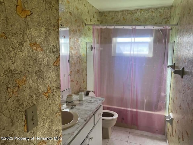12801 Winding Way, Hudson, FL 34667 - bathroom with vanity, shower / bath combination with curtain, toilet, tile patterned flooring, and wallpapered walls