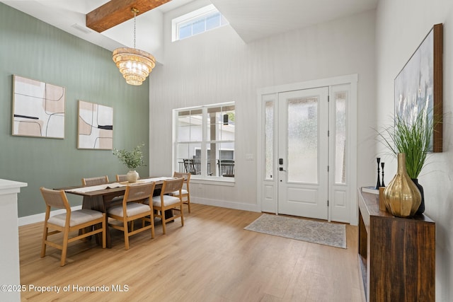 4522 Majestic Hills Loop, Brooksville, FL 34601 - entrance foyer featuring wood finished floors, beam ceiling, a towering ceiling, and a chandelier
