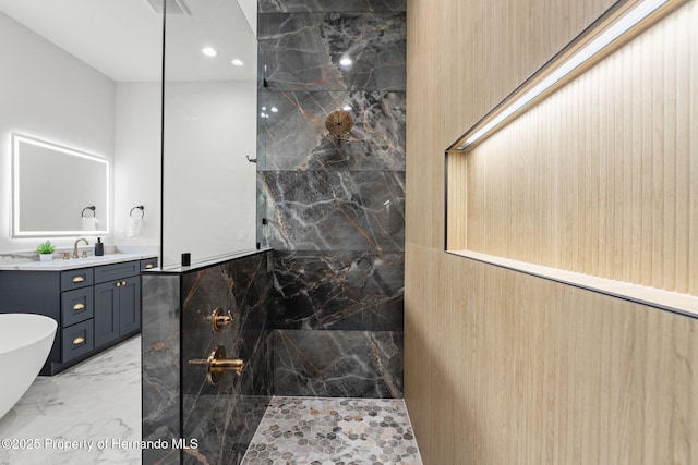 4522 Majestic Hills Loop, Brooksville, FL 34601 - full bath with a marble finish shower, marble tiled floors, vanity, recessed lighting, and a freestanding bath
