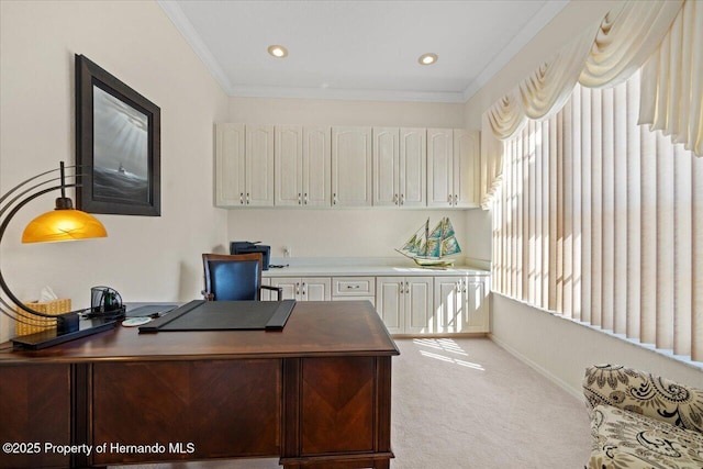 11137 Woodland Waters Blvd, Spring Hill, FL 34613 - office with light carpet, ornamental molding, baseboards, and recessed lighting