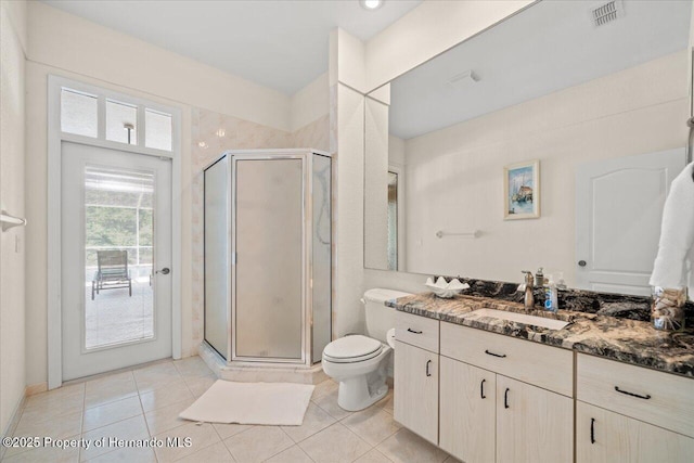 11137 Woodland Waters Blvd, Spring Hill, FL 34613 - bathroom with vanity, a shower stall, toilet, and tile patterned flooring