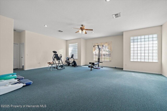 11137 Woodland Waters Blvd, Spring Hill, FL 34613 - exercise area featuring ceiling fan, carpet, baseboards, a textured ceiling, and recessed lighting