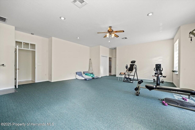 11137 Woodland Waters Blvd, Spring Hill, FL 34613 - workout room with ceiling fan, baseboards, recessed lighting, and carpet floors