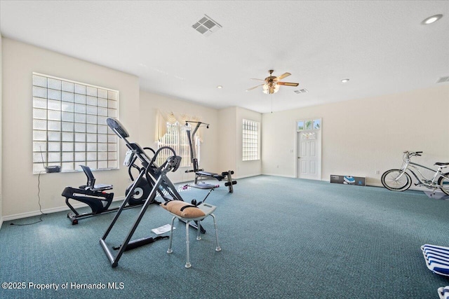 11137 Woodland Waters Blvd, Spring Hill, FL 34613 - workout area with ceiling fan, recessed lighting, baseboards, and carpet