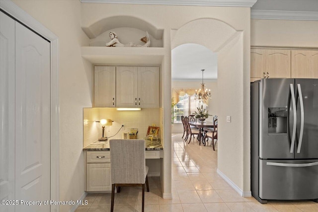 11137 Woodland Waters Blvd, Spring Hill, FL 34613 - office area featuring ornamental molding, light tile patterned floors, baseboards, and a chandelier