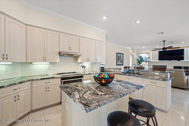 11137 Woodland Waters Blvd, Spring Hill, FL 34613 - kitchen with a sink, under cabinet range hood, light tile patterned flooring, electric stove, and a peninsula