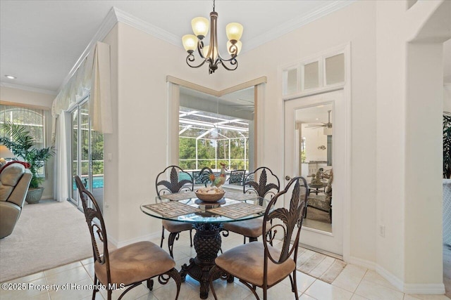 11137 Woodland Waters Blvd, Spring Hill, FL 34613 - dining room with crown molding, light tile patterned flooring, healthy amount of natural light, and baseboards