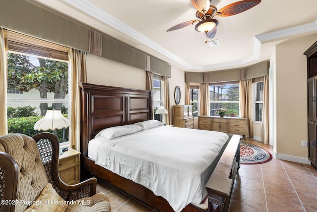 8308 Mobile Cir, Weeki Wachee, FL 34613 - tiled bedroom with baseboards, ornamental molding, and a ceiling fan