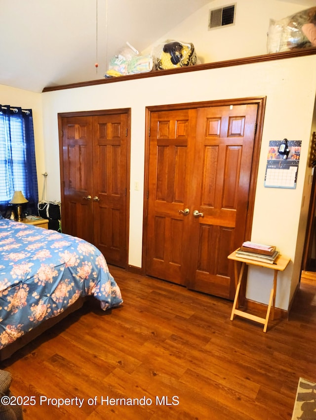 6208 Roble Ave, Spring Hill, FL 34608 - bedroom featuring lofted ceiling, two closets, and wood finished floors