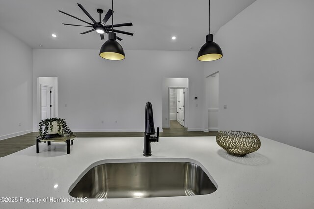 1080 Dunlap Ave, Spring Hill, FL 34609 - detailed view of a sink, a ceiling fan, light countertops, recessed lighting, and hanging light fixtures