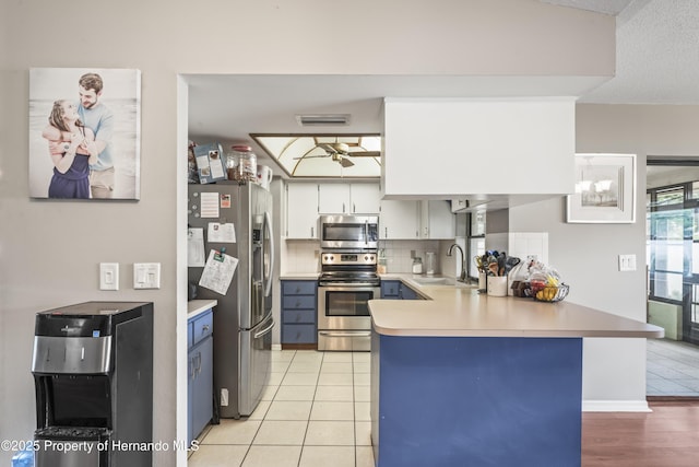 1038 Shenandoah Ln, Spring Hill, FL 34606 - kitchen with appliances with stainless steel finishes, a sink, a peninsula, light countertops, and ceiling fan