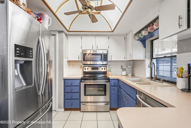 1038 Shenandoah Ln, Spring Hill, FL 34606 - kitchen featuring stainless steel appliances, a sink, blue cabinetry, a ceiling fan, and light countertops