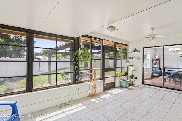 1038 Shenandoah Ln, Spring Hill, FL 34606 - unfurnished sunroom featuring ceiling fan, plenty of natural light, and a chandelier