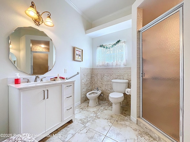 13417 Whitehaven Ct, Spring Hill, FL 34609 - full bathroom with toilet, crown molding, a bidet, vanity, and tile walls