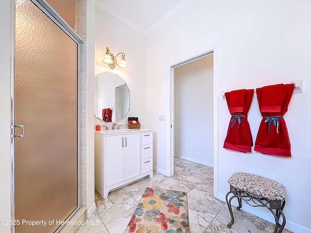13417 Whitehaven Ct, Spring Hill, FL 34609 - bathroom featuring a shower stall, vanity, ornamental molding, marble look tile flooring, and baseboards