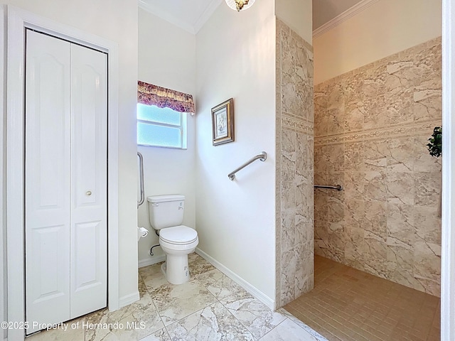 13417 Whitehaven Ct, Spring Hill, FL 34609 - bathroom with a closet, ornamental molding, toilet, tiled shower, and marble finish flooring