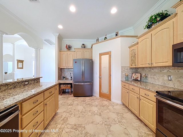 13417 Whitehaven Ct, Spring Hill, FL 34609 - kitchen featuring stainless steel appliances, light brown cabinets, ornate columns, light stone counters, and crown molding