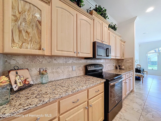 13417 Whitehaven Ct, Spring Hill, FL 34609 - kitchen featuring range with electric stovetop, black microwave, light brown cabinets, light stone countertops, and ornamental molding