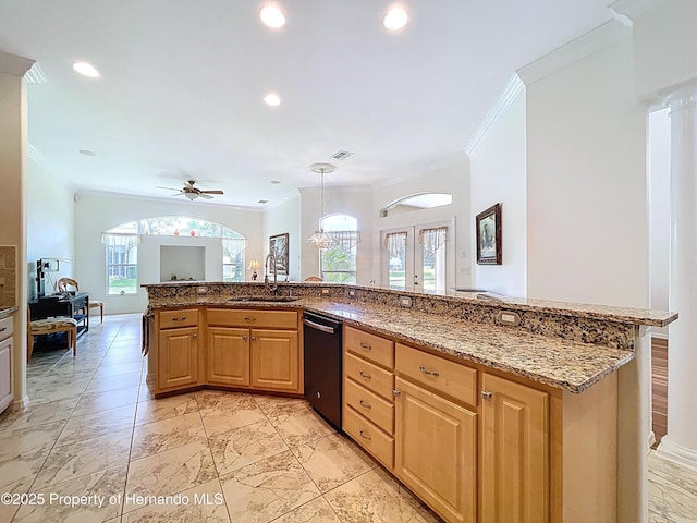13417 Whitehaven Ct, Spring Hill, FL 34609 - kitchen featuring dishwashing machine, a sink, crown molding, french doors, and light marble finish floors