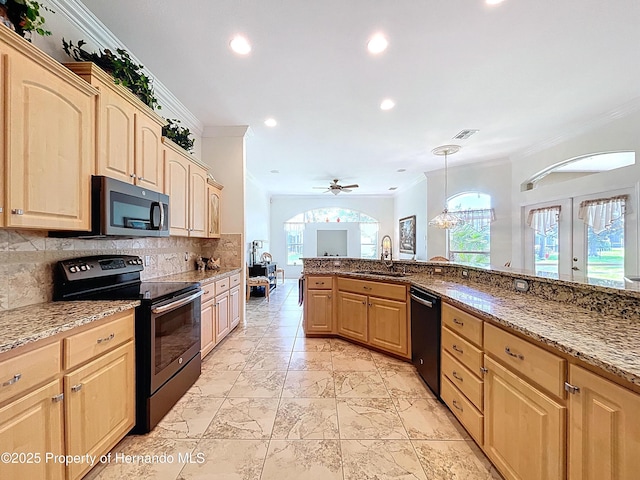 13417 Whitehaven Ct, Spring Hill, FL 34609 - kitchen with black appliances, crown molding, a sink, light brown cabinetry, and light stone countertops