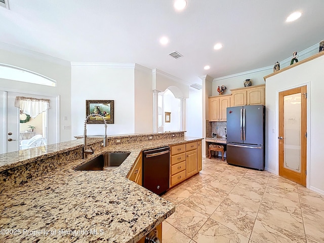 13417 Whitehaven Ct, Spring Hill, FL 34609 - kitchen with freestanding refrigerator, dishwasher, light brown cabinetry, ornate columns, and a sink