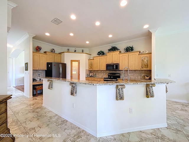 13417 Whitehaven Ct, Spring Hill, FL 34609 - kitchen with electric range, freestanding refrigerator, ornamental molding, light marble finish flooring, and a kitchen breakfast bar