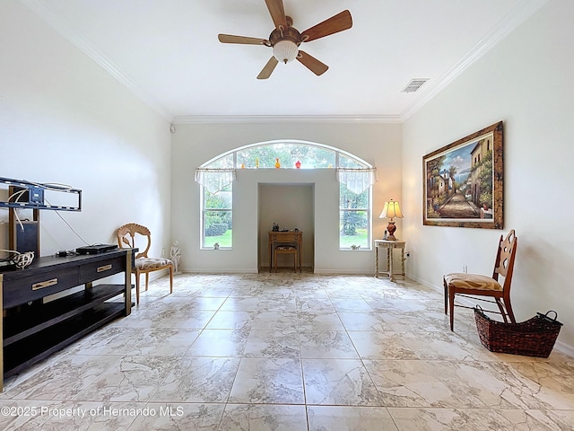 13417 Whitehaven Ct, Spring Hill, FL 34609 - entryway featuring ornamental molding, a ceiling fan, baseboards, and marble finish floors