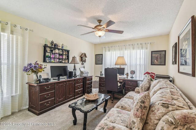 18223 Nestlebranch Ct, Hudson, FL 34667 - carpeted living room with a desk, a ceiling fan, and a textured ceiling