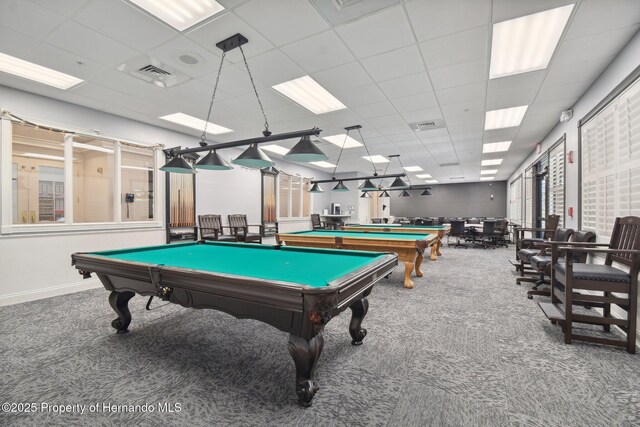 18223 Nestlebranch Ct, Hudson, FL 34667 - recreation room featuring carpet flooring, billiards table, a drop ceiling, and baseboards