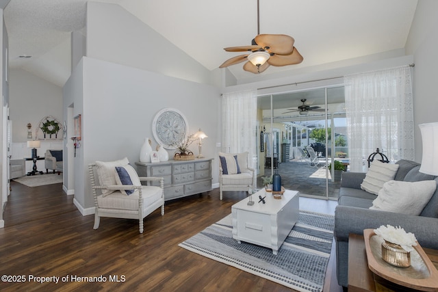 1049 Larkin Rd, Spring Hill, FL 34608 - living room featuring ceiling fan, wood finished floors, high vaulted ceiling, and baseboards