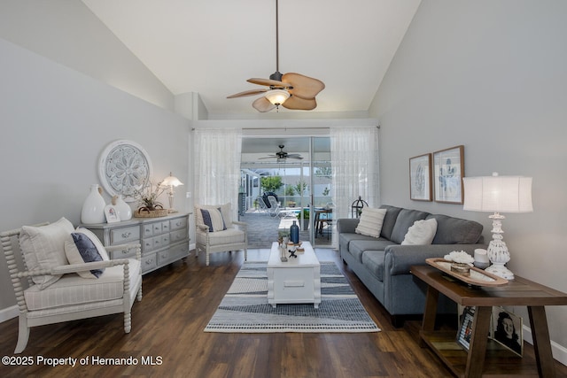 1049 Larkin Rd, Spring Hill, FL 34608 - living room featuring ceiling fan, wood finished floors, and high vaulted ceiling
