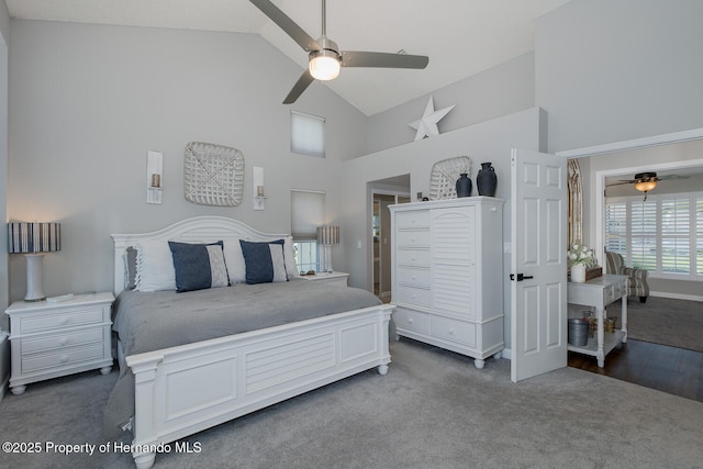 1049 Larkin Rd, Spring Hill, FL 34608 - bedroom featuring high vaulted ceiling, carpet floors, and a ceiling fan