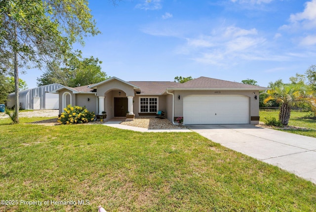 14031 Hexam Rd, Brooksville, FL 34613 - ranch-style house with stucco siding, concrete driveway, a garage, and a front lawn