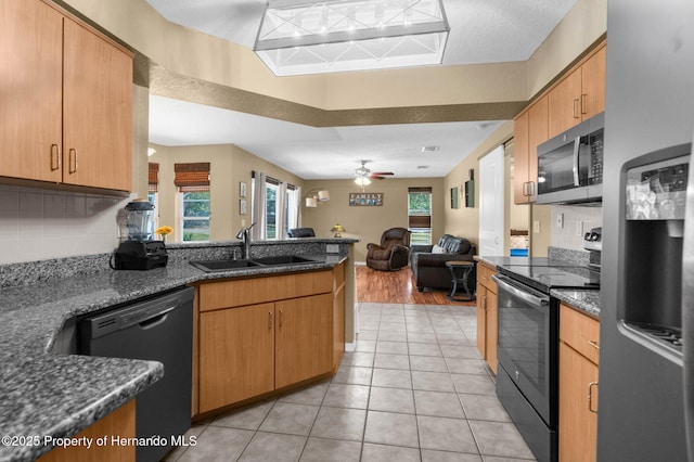 14031 Hexam Rd, Brooksville, FL 34613 - kitchen featuring appliances with stainless steel finishes, a peninsula, a sink, open floor plan, and ceiling fan