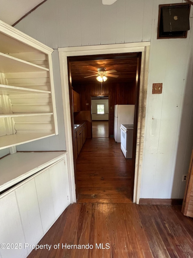 15306 Spokane Rd, Spring Hill Pasco, FL 34610 - hall featuring dark wood finished floors, wooden walls, and a decorative wall