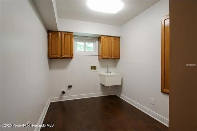 39127 Pretty Pond Rd, Zephyrhills, FL 33540 - washroom with washer hookup, cabinet space, baseboards, and dark wood-style flooring