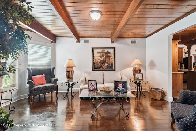 39127 Pretty Pond Rd, Zephyrhills, FL 33540 - sitting room featuring hardwood / wood-style floors, wood ceiling with exposed beams, and baseboards