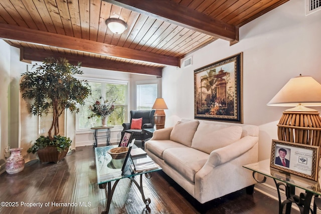 39127 Pretty Pond Rd, Zephyrhills, FL 33540 - living area featuring dark wood-style flooring and wooden ceiling with exposed beams