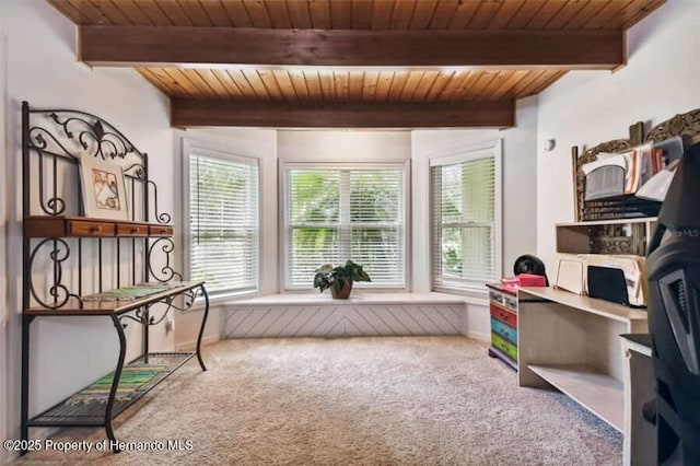 39127 Pretty Pond Rd, Zephyrhills, FL 33540 - carpeted home office with wood ceiling with exposed beams and baseboards