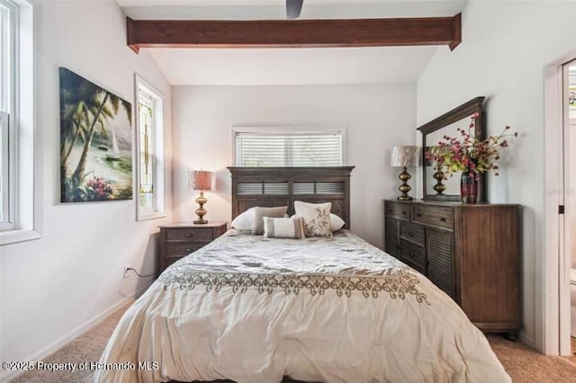 39127 Pretty Pond Rd, Zephyrhills, FL 33540 - bedroom featuring light carpet, beam ceiling, and baseboards