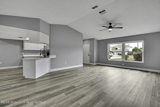 13406 Banyan Rd, Spring Hill, FL 34609 - unfurnished living room with ceiling fan, baseboards, wood finished floors, a textured ceiling, and a sink