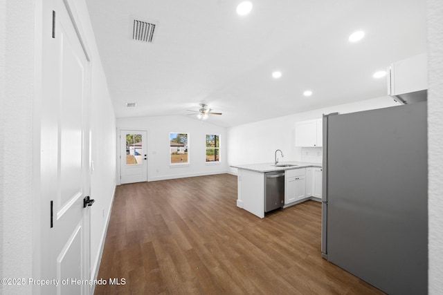 14376 Earline Ave, Weeki Wachee, FL 34614 - kitchen featuring appliances with stainless steel finishes, a sink, ceiling fan, a peninsula, and open floor plan