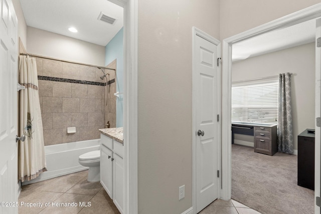 18620 Rococo Rd, Spring Hill Pasco, FL 34610 - bathroom featuring tile patterned flooring, toilet, shower / bath combo with shower curtain, vanity, and recessed lighting