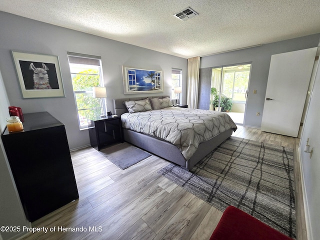 2429 Birdie Ln, Spring Hill, FL 34606 - bedroom with light wood-style flooring, a textured ceiling, multiple windows, and access to exterior