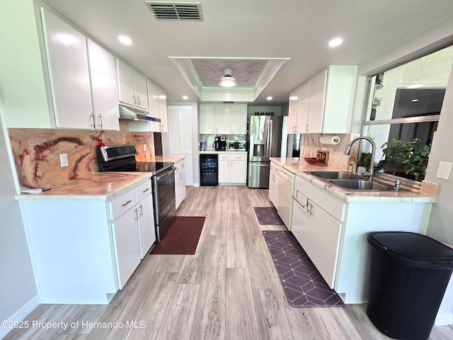 2429 Birdie Ln, Spring Hill, FL 34606 - kitchen with appliances with stainless steel finishes, under cabinet range hood, a tray ceiling, light wood finished floors, and tasteful backsplash
