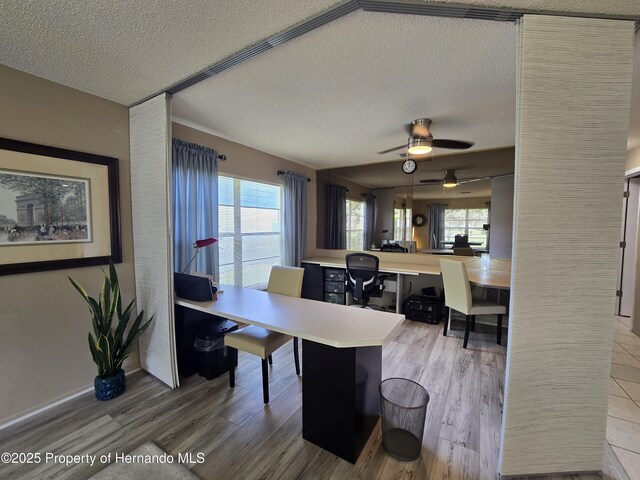 2429 Birdie Ln, Spring Hill, FL 34606 - office area featuring a textured ceiling, healthy amount of natural light, a ceiling fan, and wood finished floors