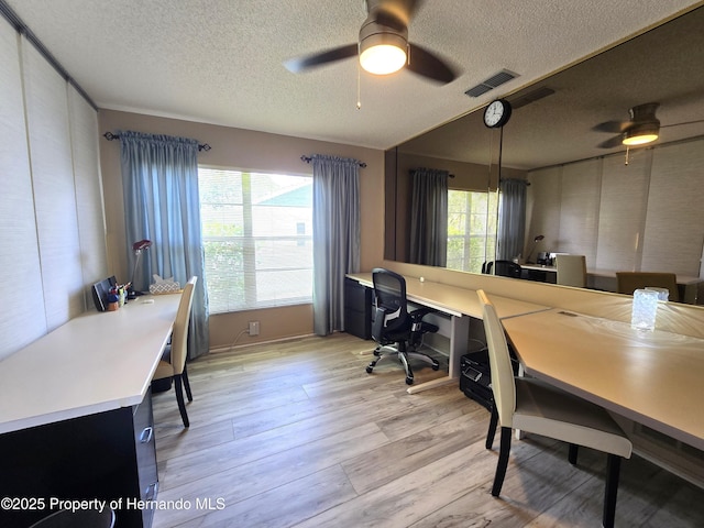 2429 Birdie Ln, Spring Hill, FL 34606 - office with a textured ceiling, ceiling fan, and light wood-type flooring