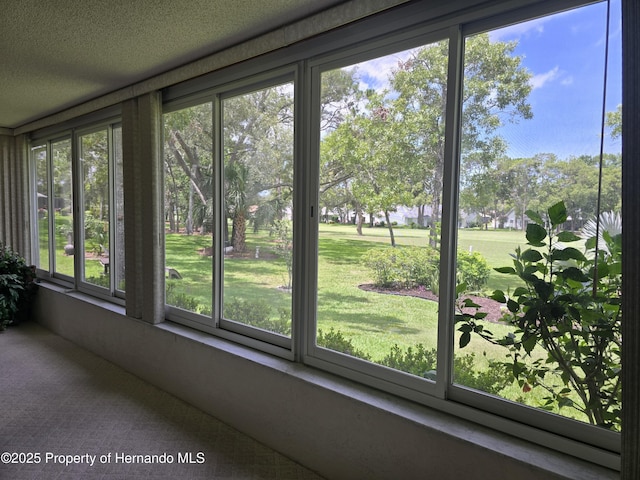 2429 Birdie Ln, Spring Hill, FL 34606 - unfurnished sunroom featuring plenty of natural light, a textured ceiling, and carpet floors