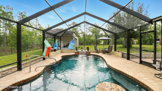 15348 Glossy Ibis Rd, Brooksville, FL 34614 - swimming pool with a patio area, a yard, and a lanai