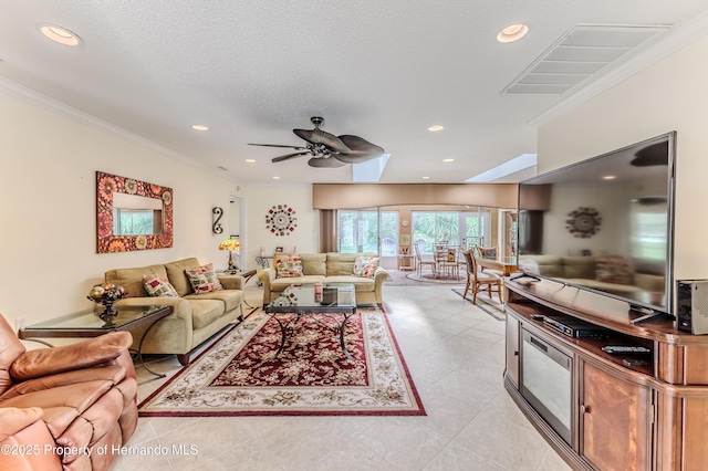 2481 Whispering Pines Ct, Spring Hill, FL 34606 - living area featuring recessed lighting, a ceiling fan, ornamental molding, and light tile patterned floors